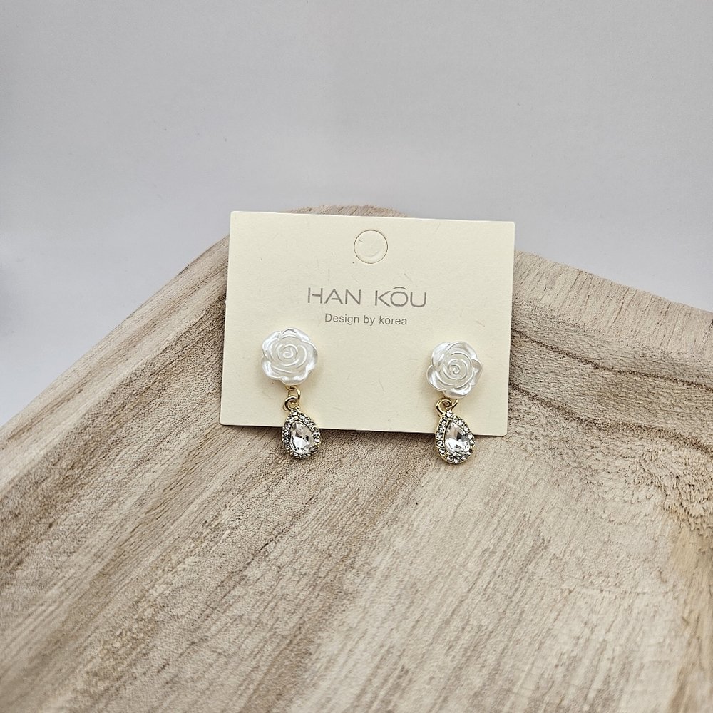 White Rose Earrings with Gold Accents. New. Never Worn.